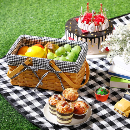 Wicker Picnic Basket Natural Hand Woven Basket with Double Folding Handles, Willow Hamper Baskets with Blanket for Outdoor Picnic Summer Spring Camp Family(Black and White Grid)