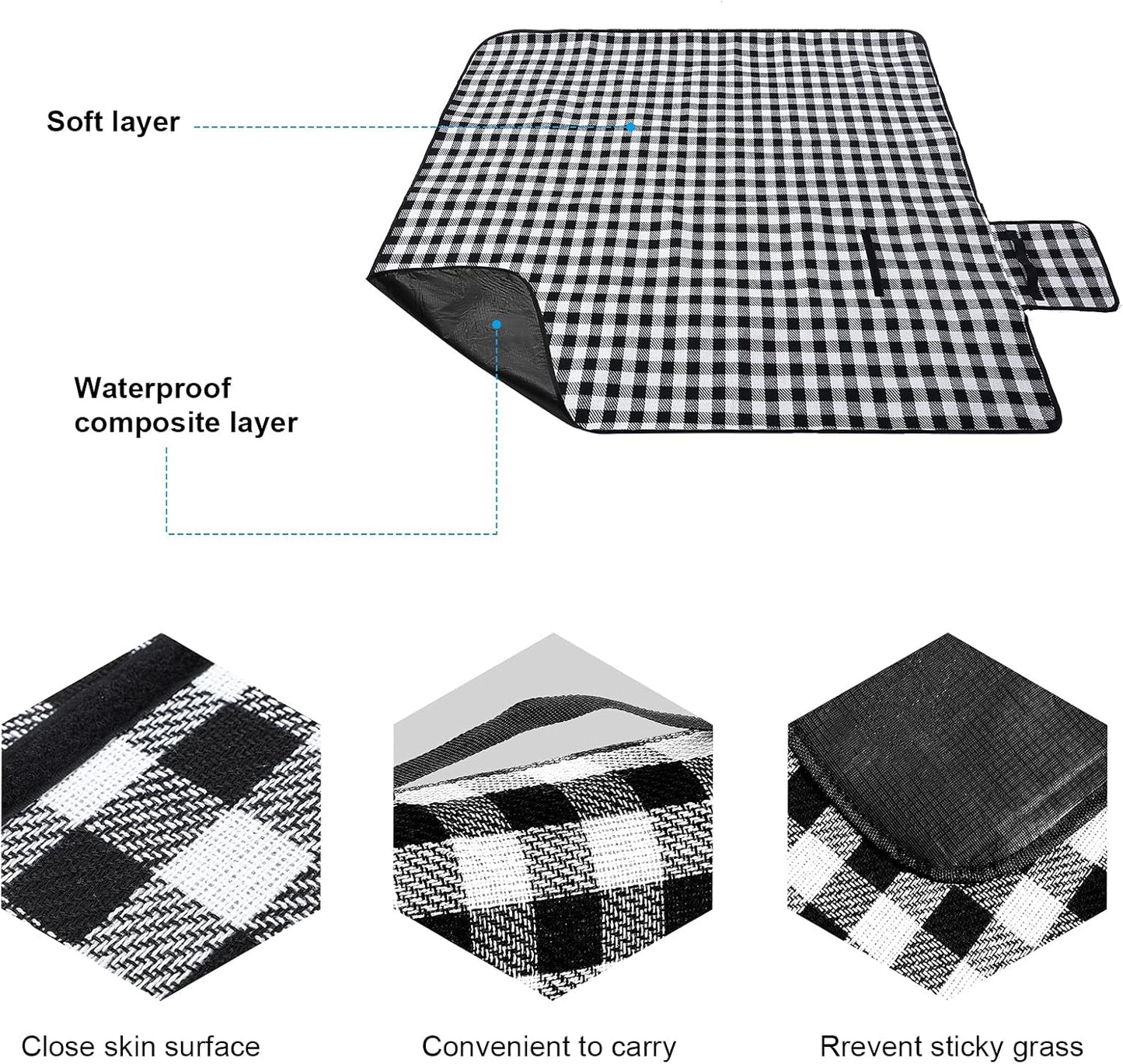 Wicker Picnic Basket Natural Hand Woven Basket with Double Folding Handles, Willow Hamper Baskets with Blanket for Outdoor Picnic Summer Spring Camp Family(Black and White Grid)