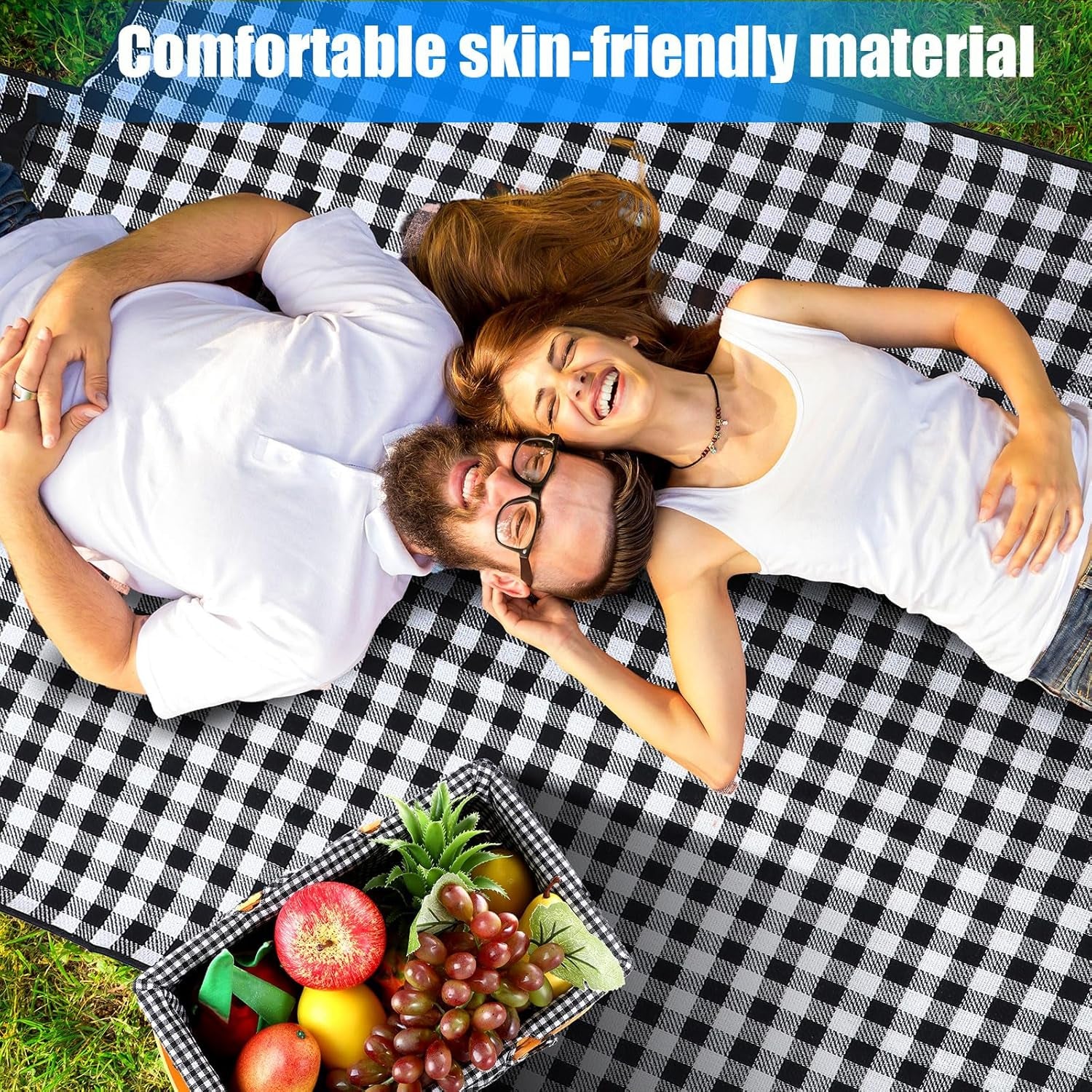 Wicker Picnic Basket Natural Hand Woven Basket with Double Folding Handles, Willow Hamper Baskets with Blanket for Outdoor Picnic Summer Spring Camp Family(Black and White Grid)