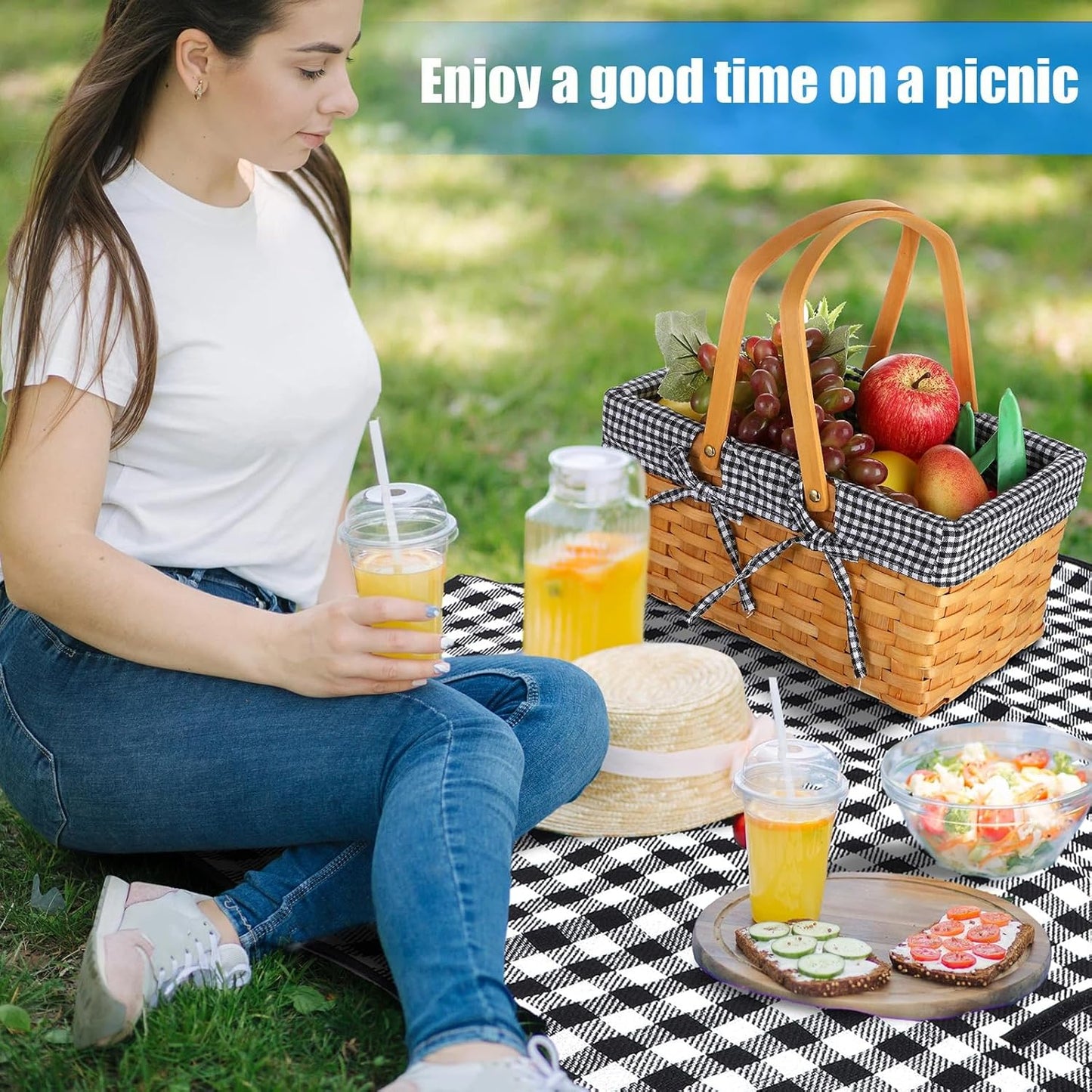 Wicker Picnic Basket Natural Hand Woven Basket with Double Folding Handles, Willow Hamper Baskets with Blanket for Outdoor Picnic Summer Spring Camp Family(Black and White Grid)