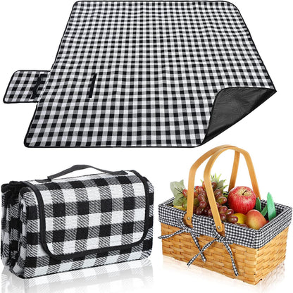 Wicker Picnic Basket Natural Hand Woven Basket with Double Folding Handles, Willow Hamper Baskets with Blanket for Outdoor Picnic Summer Spring Camp Family(Black and White Grid)