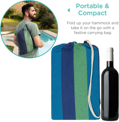 2-Person Brazilian Double Hammock Bed W/ Carrying Bag for Backyard, Patio, Indoor Outdoor Use, Cross-Woven Cotton Fabric for Comfort - Blue